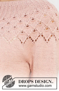 Alberta Rose / DROPS 212-5 - Knitted jumper with round yoke in DROPS Safran. The piece is worked top down with lace pattern, leaf pattern and ¾-length sleeves. Sizes S - XXXL.