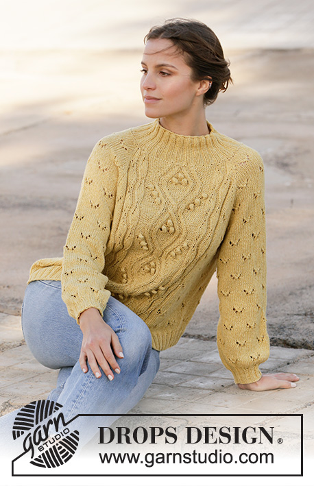Golden Moments / DROPS 213-16 - Knitted jumper with raglan in DROPS Belle. Piece is knitted top down with lace pattern, cables and bobbles. Size XS–XXL.