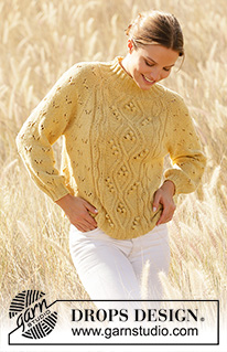 Golden Moments / DROPS 213-16 - Knitted jumper with raglan in DROPS Belle. Piece is knitted top down with lace pattern, cables and bobbles. Size XS–XXL.
