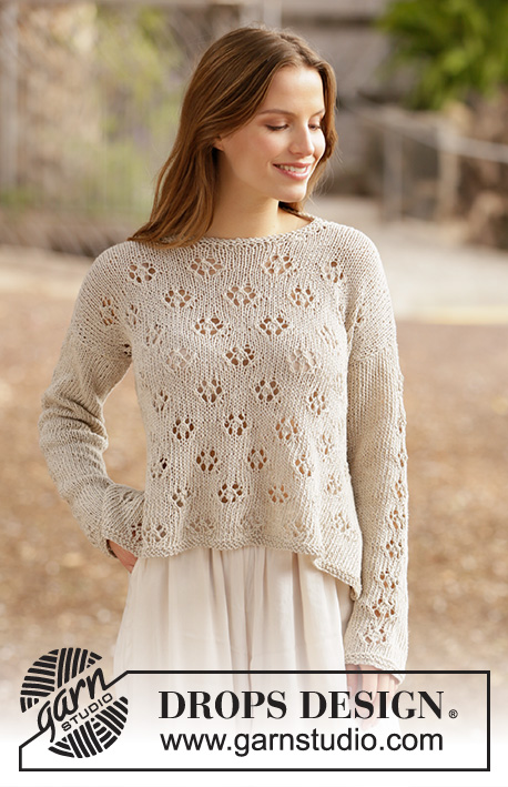 Free Flow Sweater / DROPS 213-17 - Knitted jumper in DROPS Bomull-Lin or DROPS Paris. Piece is knitted with lace pattern. Size XS–XXL.