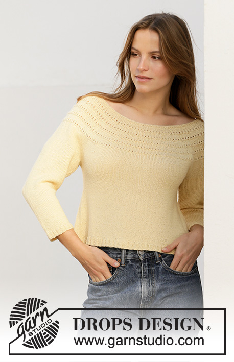 Sunny Shoulders / DROPS 213-23 - Knitted jumper with round yoke in DROPS BabyAlpaca Silk. Piece is knitted top down with lace pattern, garter stitch and ¾ sleeves. Size: S - XXXL