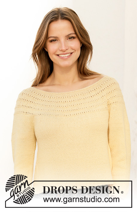 Sunny Shoulders / DROPS 213-23 - Knitted jumper with round yoke in DROPS BabyAlpaca Silk. Piece is knitted top down with lace pattern, garter stitch and ¾ sleeves. Size: S - XXXL