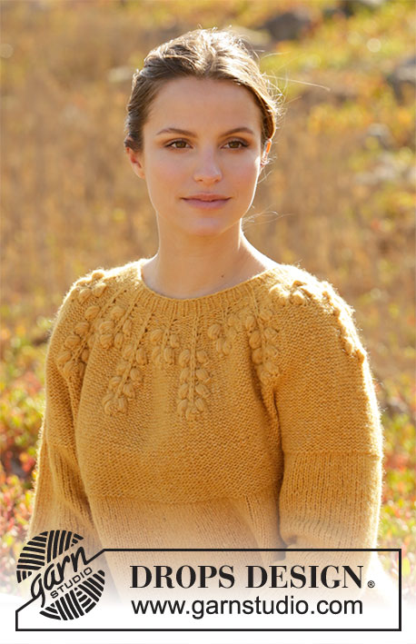 September Story Sweater / DROPS 213-25 - Knitted jumper with round yoke in DROPS Air. The piece is worked top down with bobbles. Sizes S - XXXL.