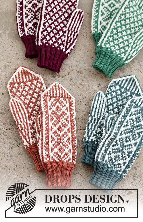 Clapping Elves / DROPS 214-66 - Vánoční rukavice – palčáky s norským vzorem pletené z příze DROPS Merino Extra Fine. Motiv: Vánoce.