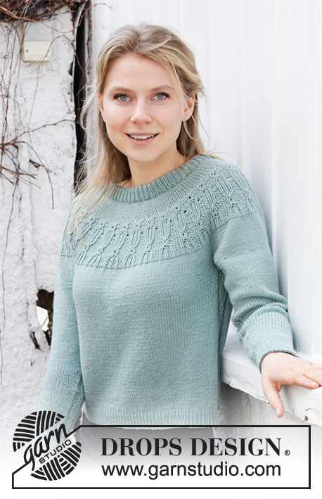 Wild Mint Sweater / DROPS 215-16 - Knitted sweater in DROPS Cotton Merino. Piece is knitted top down with double neck, round yoke and texture pattern. Size: S - XXXL