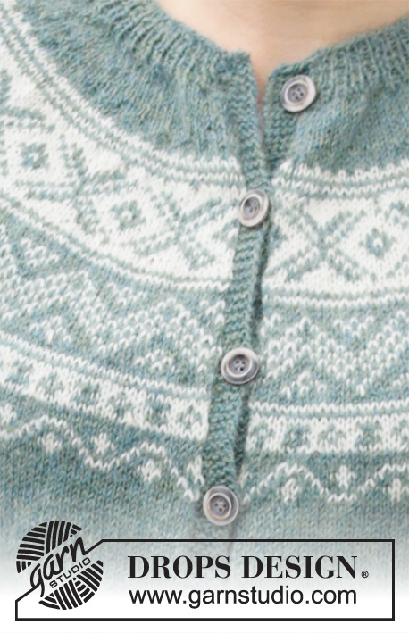 Scent of Pine Jacket / DROPS 215-7 - Strikket jakke i DROPS Alpaca. Arbejdet strikkes oppefra og ned med rundt bærestykke og nordisk mønster på bærestykket og nederst på ærmerne. Størrelse S - XXXL.