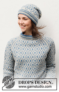 Fjord Mosaic / DROPS 216-28 - Pull et bonnet tricotés en DROPS Lima. Le pull se tricote de haut en bas avec col doublé, raglan et jacquard nordique. Le bonnet se tricote avec jacquard nordique. Du S au XXXL