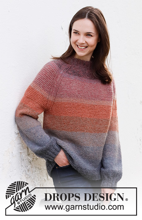 Sunsets Glow Jumper / DROPS 217-26 - Knitted sweater in DROPS Alpaca and DROPS Kid-Silk. The piece is worked top down with folded neck edge, raglan, garter stitch and stripes. Sizes S - XXXL.