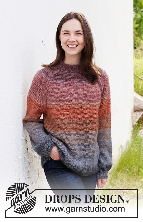Sunsets Glow Jumper / DROPS 217-26 - Knitted sweater in DROPS Alpaca and DROPS Kid-Silk. The piece is worked top down with folded neck edge, raglan, garter stitch and stripes. Sizes S - XXXL.