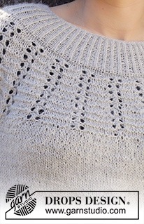 Mayan Moon Shine Sweater / DROPS 217-34 - Pull tricoté de haut en bas avec empiècement arrondi, point texturé et point ajouré, en DROPS Puna. Du S au XXXL.