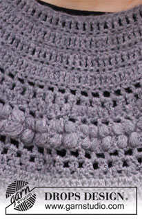 Tree Hive Sweater / DROPS 218-20 - Sweter na szydełku, przerabiany z góry na dół z włóczki DROPS Sky, z zaokrąglonym karczkiem i ściegiem puff stitch (bufka). Od S do XXXL