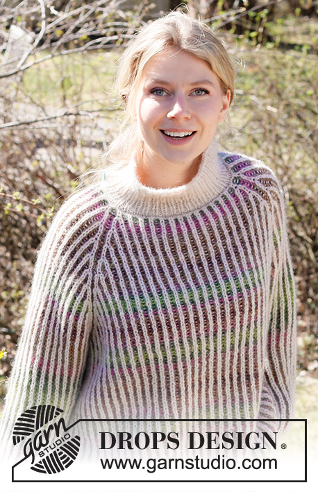 Dancing Aurora / DROPS 218-26 - Knitted sweater in DROPS Air and DROPS Big Delight. Piece is knitted top down in two colored English rib with raglan. Size: S - XXXL