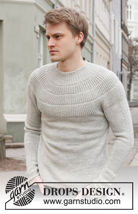 City Glow / DROPS 219-7 - Knitted jumper with round yoke for men in DROPS Alpaca. Piece is knitted top down with English rib on yoke. Size: S - XXXL