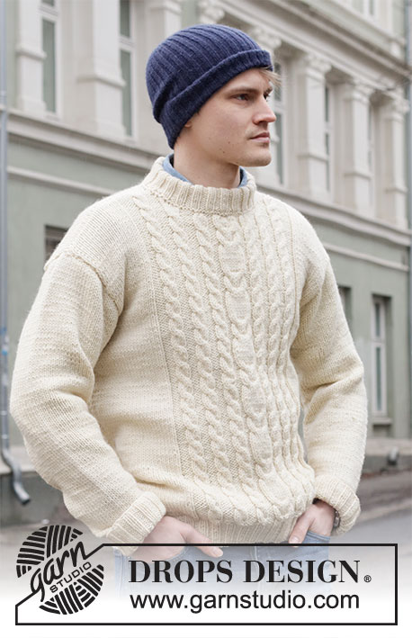 Fisher’s Moon / DROPS 219-9 - Knitted jumper for men with cables in DROPS Alaska. Size: S - XXXL