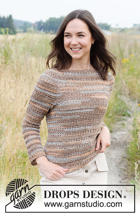 Rocky Trails / DROPS 220-20 - Crocheted sweater in DROPS Fabel. The piece is worked top down, with round yoke and lace pattern. Sizes XS - XXL.