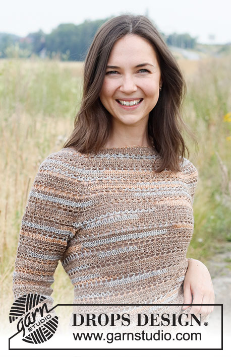 Rocky Trails / DROPS 220-20 - Crocheted sweater in DROPS Fabel. The piece is worked top down, with round yoke and lace pattern. Sizes XS - XXL.
