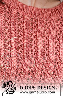Coral Gables / DROPS 220-27 - Top tricotado com ponto rendado e mangas curtas, em DROPS Muskat. Do S ao XXXL.