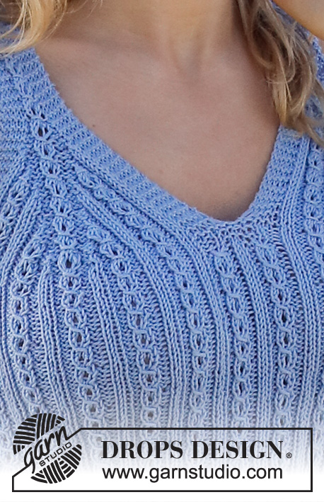 Blue Cove / DROPS 221-13 - Knitted top in DROPS Safran. Piece is worked bottom up with pattern. Size: S - XXXL