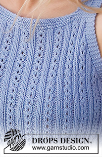 Amalfi Blue / DROPS 221-14 - Top tricotado de baixo para cima, em ponto fantasia, em DROPS Safran. Do S ao XXXL