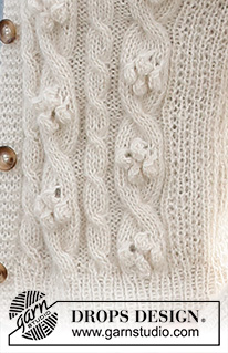 Buttercream Swirls / DROPS 221-15 - Rozpinany sweter na drutach z włóczek DROPS Alpaca i DROPS Kid-Silk, z warkoczami i supełkami. Od S do XXXL.