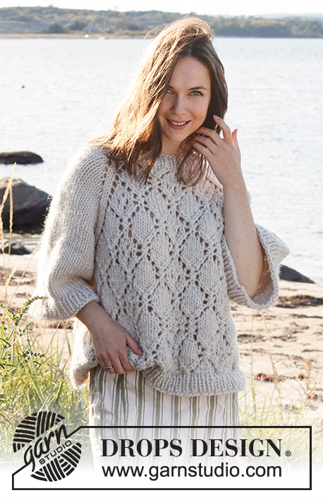 Diamonds in the Sky / DROPS 221-29 - Knitted sweater in DROPS Snow or DROPS Wish. The piece is worked top down with raglan, lace pattern and ¾-length, wide sleeves. Sizes S - XXXL.