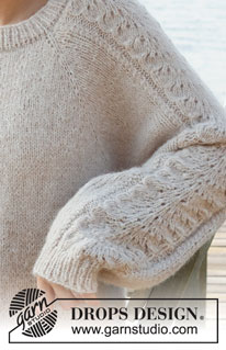 Bronze Summer Sweater / DROPS 221-3 - Sweter na drutach, przerabiany od góry do dołu z reglanowymi podkrojami rękawów i rękawami ściegiem ażurowym, z włóczki DROPS Air. Od S do XXXL