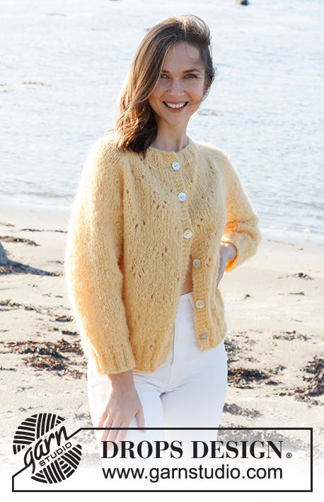 Sunshine Impressions / DROPS 221-31 - Knitted jacket in DROPS Melody. Piece is knitted top down with lace pattern and saddle shoulders. Size: S - XXXL