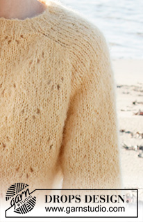 Sunshine Impressions Sweater / DROPS 221-32 - Ylhäältä alas neulottu pusero DROPS Melody-langasta. Työssä on satulaolkapäät ja pitsineuletta. Koot S-XXXL.