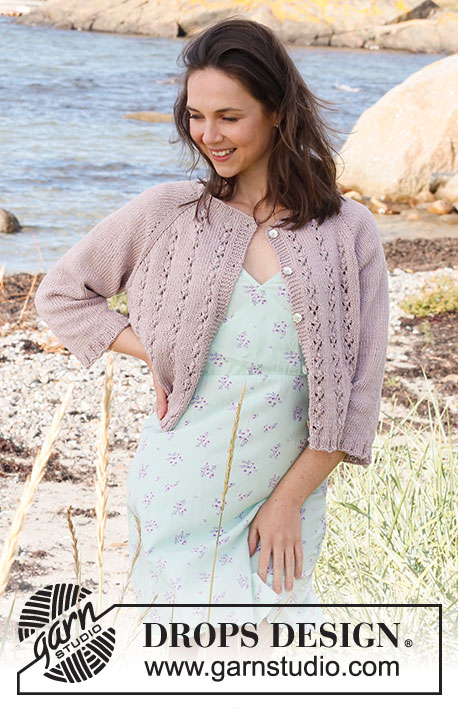 Rosebud Parade Cardigan / DROPS 221-33 - Knitted jacket in DROPS Muskat or DROPS Sky. The piece is worked top down with raglan, lace pattern, knots and ¾-length sleeves. Sizes S - XXXL.