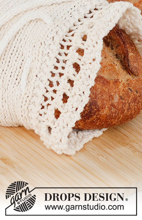 Warm Delights / DROPS 221-53 - Saco para o pão tricotado com folhos, em DROPS Cotton Light.