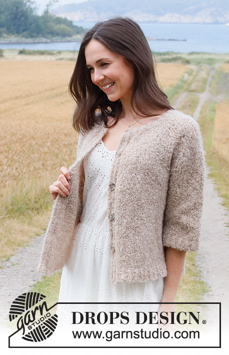 Crushed Walnuts / DROPS 222-16 - Knitted jacket in DROPS Alpaca Bouclé. The piece is worked top down with round yoke and ¾-length sleeves. Sizes S - XXXL.
