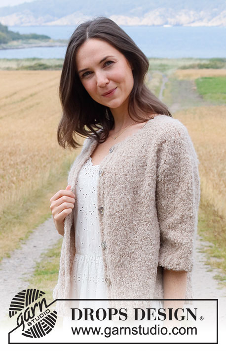 Crushed Walnuts / DROPS 222-16 - Knitted jacket in DROPS Alpaca Bouclé. The piece is worked top down with round yoke and ¾-length sleeves. Sizes S - XXXL.