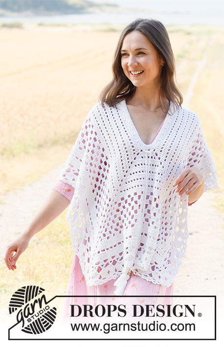 Moon Trail / DROPS 222-18 - Crocheted poncho in DROPS Bomull-Lin or DROPS Paris. Piece is crocheted top down with angles and lace pattern. Size: S - XXXL