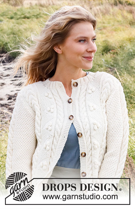 Bright Sand Shore Cardigan / DROPS 222-19 - Knitted jacket in DROPS Merino Extra Fine. The piece is worked with cables, bobbles and ¾-length sleeves. Sizes S - XXXL.