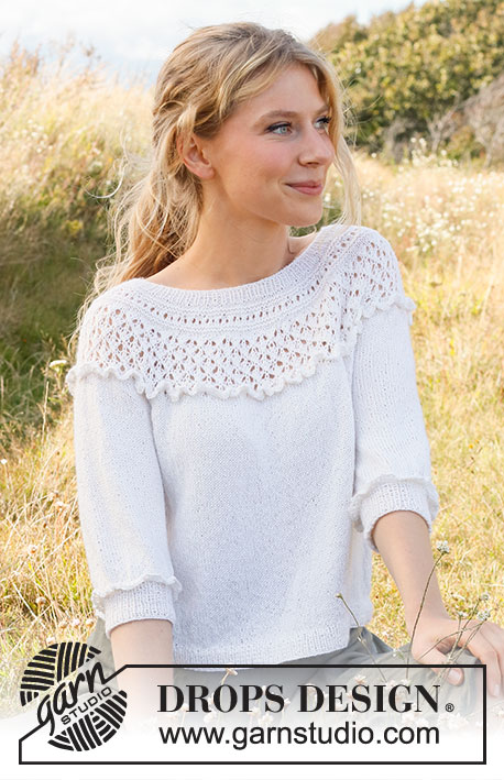 Incoming Tide Sweater / DROPS 222-21 - Knitted sweater in DROPS Alpaca. The piece is worked top down, with round yoke, raglan, flounces, lace pattern and ¾-length sleeves. Sizes S - XXXL.