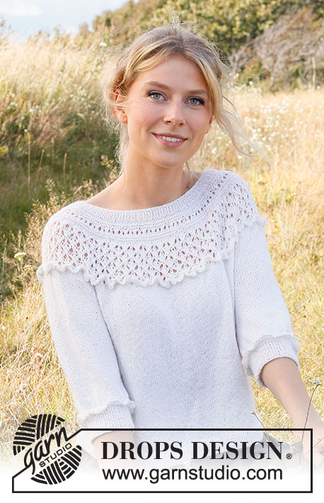 Incoming Tide Sweater / DROPS 222-21 - Knitted sweater in DROPS Alpaca. The piece is worked top down, with round yoke, raglan, flounces, lace pattern and ¾-length sleeves. Sizes S - XXXL.