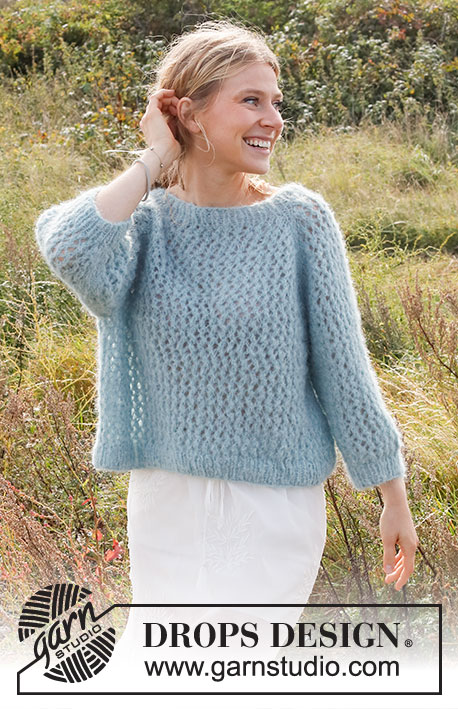Cooling Creek / DROPS 222-27 - Knitted sweater in 2 strands DROPS Brushed Alpaca Silk or 1 strand DROPS Melody. The piece is worked top down with raglan, lace pattern and ¾-length sleeves. Sizes S - XXXL.
