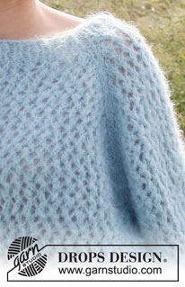 Cooling Creek / DROPS 222-27 - Sweter na drutach przerabiany od góry do dołu, 2 nitkami DROPS Brushed Alpaca Silk lub 1 nitką włóczki DROPS Melody, z reglanowymi rękawami ¾, ściegiem ażurowym. Od S do XXXL.