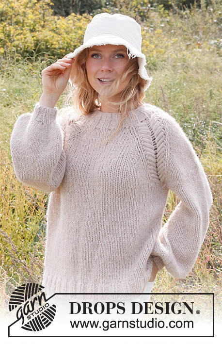 Just Right / DROPS 222-29 - Knitted jumper in 2 strands DROPS Air or 1 strand DROPS Wish. The piece is worked top down, with raglan and cables. Sizes S - XXXL.