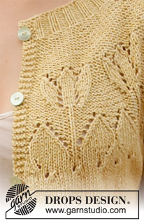 Yellow Tulip Jacket / DROPS 222-3 - Rozpinany sweter na drutach z zaokrąglonym karczkiem ściegiem ażurowym i rękawami ¾, z włóczki DROPS Belle lub DROPS Merino Extra Fine. Od S do XXXL.