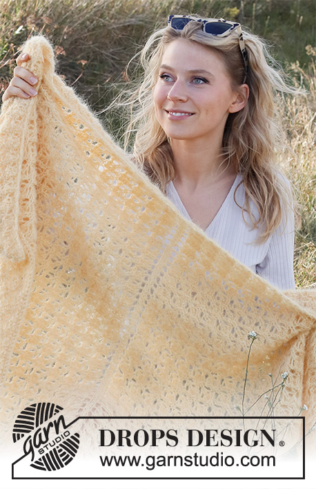 Sunny Spell / DROPS 222-31 - Knitted shawl in DROPS Melody. Piece is knitted with lace pattern.
