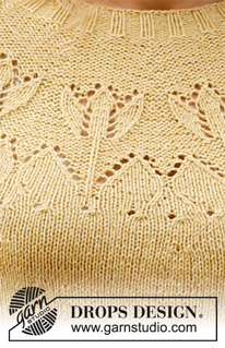 Yellow Tulip / DROPS 222-4 - Sweter na drutach z zaokrąglonym karczkiem ściegiem ażurowym i rękawami ¾, z włóczki DROPS Belle lub DROPS Merino Extra Fine. Od S do XXXL.
