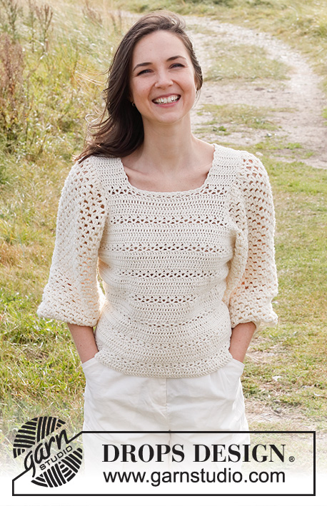 Bright Prairie / DROPS 222-40 - Crocheted sweater in DROPS Cotton Merino. The piece is worked with textured pattern and puffed sleeves. Sizes S - XXXL.