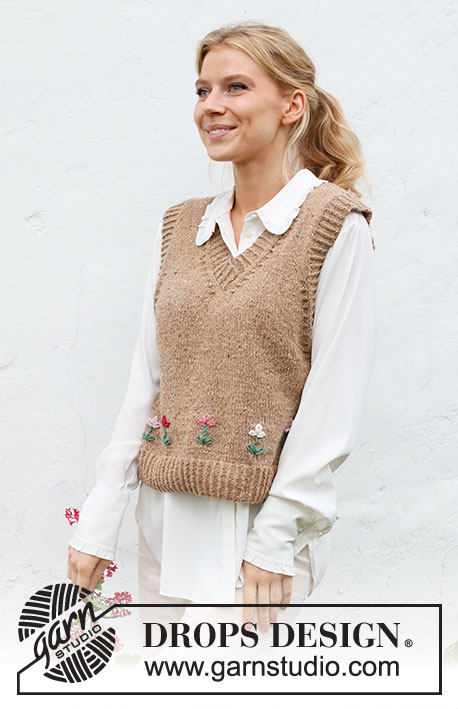 May Flowers Vest / DROPS 222-42 - Knitted vest / slipover in DROPS Soft Tweed. The piece is worked with V-neck, ribbed edges and embroidered flowers. Sizes S - XXXL. Theme: Embroidery.