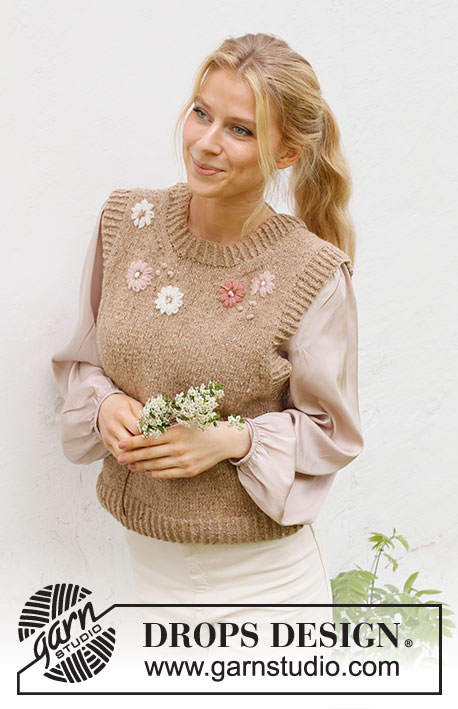 Flower Harmony Vest / DROPS 222-43 - Colete tricotado em DROPS Soft Tweed, com orlas em canelado, flores bordadas e pontos nó. Do S ao XXXL.