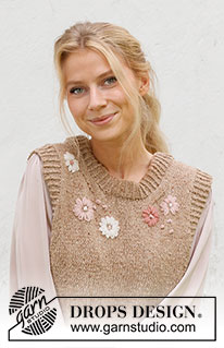 Flower Harmony Vest / DROPS 222-43 - Colete tricotado em DROPS Soft Tweed, com orlas em canelado, flores bordadas e pontos nó. Do S ao XXXL.