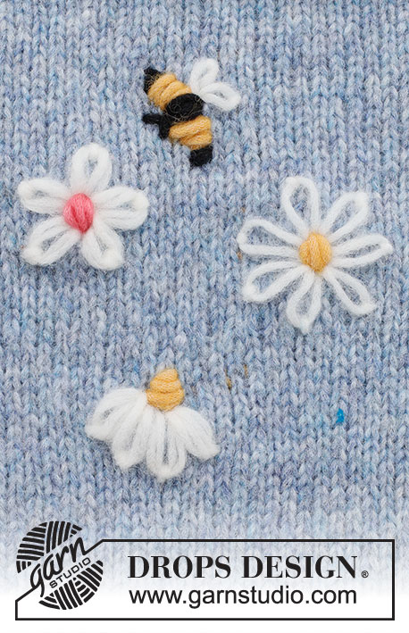 Bee Season / DROPS 222-44 - Flores e abelhas bordadas em DROPS Air. As flores são bordadas em ponto corrente com nó em ponto atrás. A abelha é bordada em ponto haste, com as asas em ponto corrente. 
Tema: Bordado.