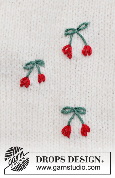 Summer Cherries / DROPS 222-47 - Embroidered cherries in DROPS Merino Extra Fine. The cherries and leaves are worked with chain stitch and the stem with flat stitch. 
Theme: Embroidery