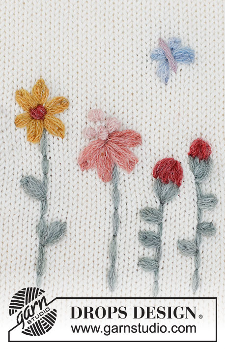 Floral Love / DROPS 222-48 - Kwiaty i motyl wyszywane z włóczki DROPS SKY, łańcuszkiem, supełkiem ściegiem za igłą, ściegiem za igłą, ściegiem węzełkowym i ściegiem płaskim. 
Temat: haft
