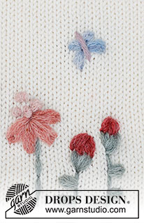 Floral Love / DROPS 222-48 - Brodert blomst og brodert sommerfugel i DROPS SKY. Til arbeidet er det brukt kjedesting, atterstingsknute, attersting, fransk knute, og flatesting.
Tema: Broderi
